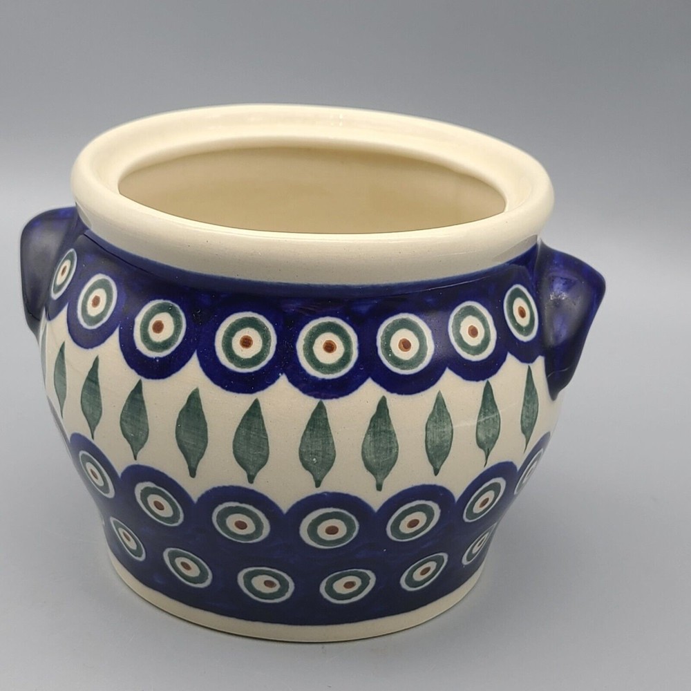 BOLESLAWIEC Polish Pottery Small Jar With Handles 4.25" High Peacock Leaves
